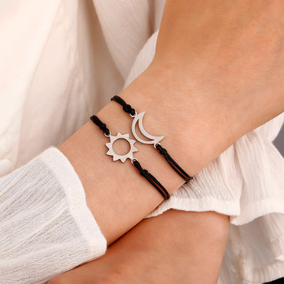Stainless Steel Hollow Sun Moon Butterfly Adjustable Couple Bracelet Set