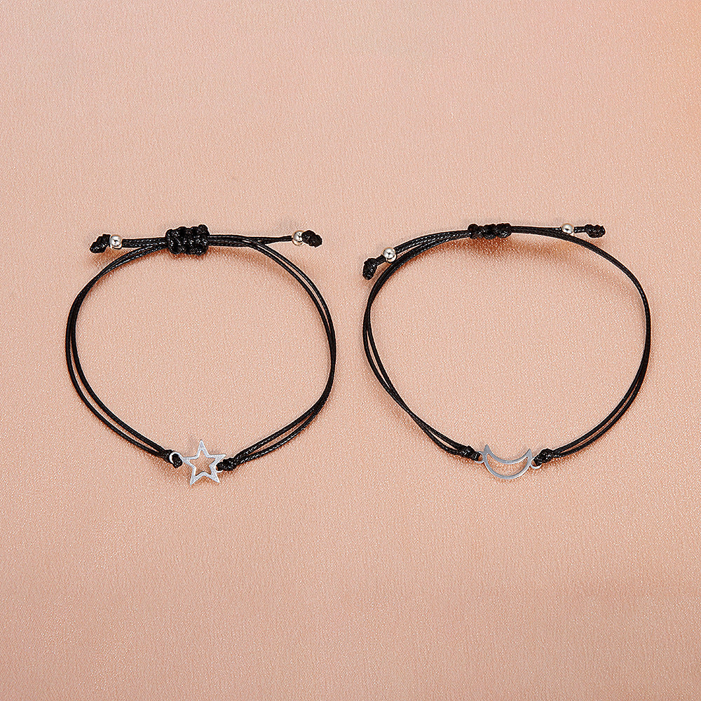 Stainless Steel Hollow Sun Moon Butterfly Adjustable Couple Bracelet Set
