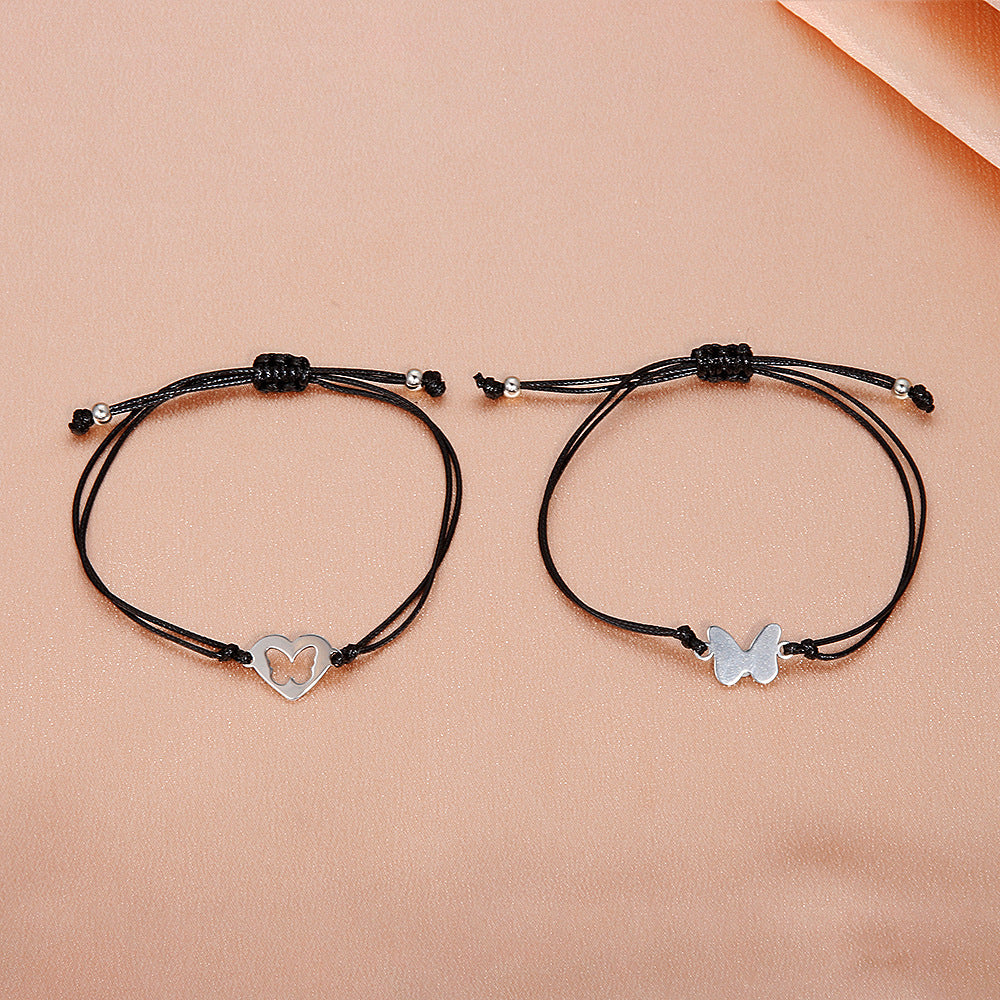 Stainless Steel Hollow Sun Moon Butterfly Adjustable Couple Bracelet Set
