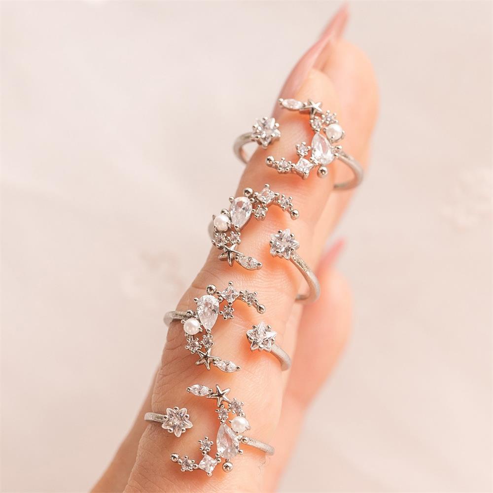 Gold Plated Star Moon Zircon Ring and Leaf Stainless Steel Stud Earrings Set