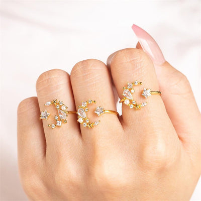 Gold Plated Star Moon Zircon Ring and Leaf Stainless Steel Stud Earrings Set