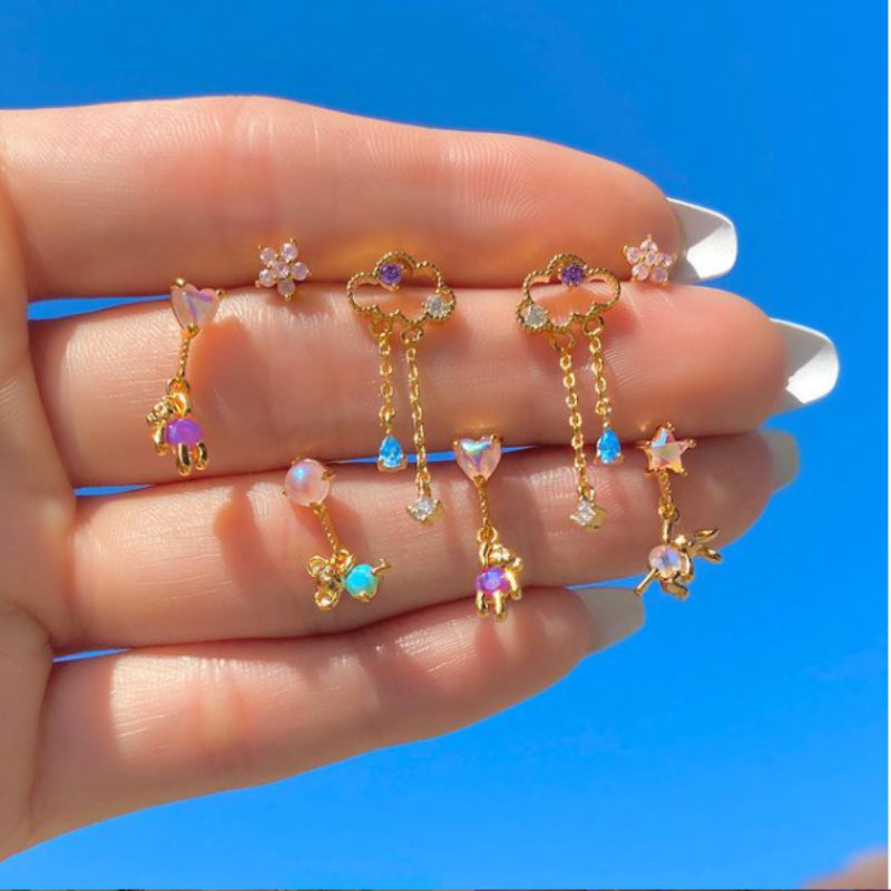Kolamic 18K Gold Cute Bear Cloud Earrings with Colorful Zircon Studs