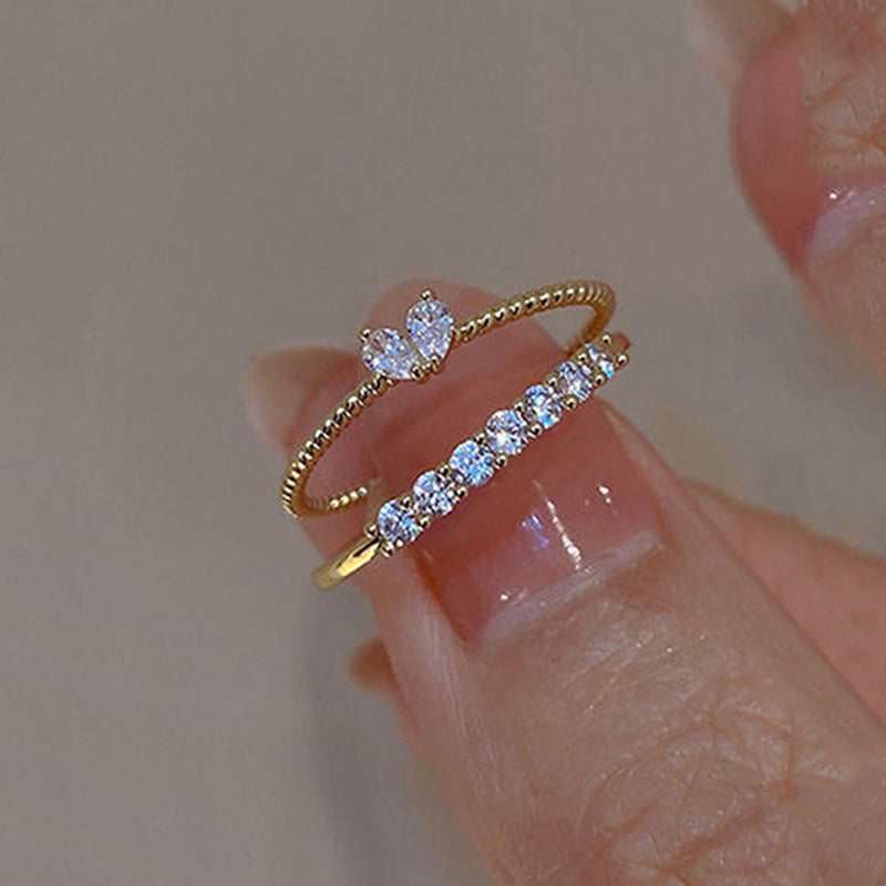 Korean Style Zircon Heart Double Layer Stainless Steel Open Ring - 2023 Summer Collection