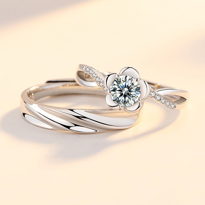 Sterling Silver Zircon Flower Open Ring - Unique Design Valentine's Gift