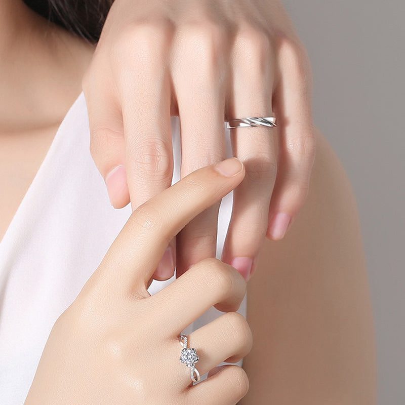 Sterling Silver Zircon Flower Open Ring - Unique Design Valentine's Gift