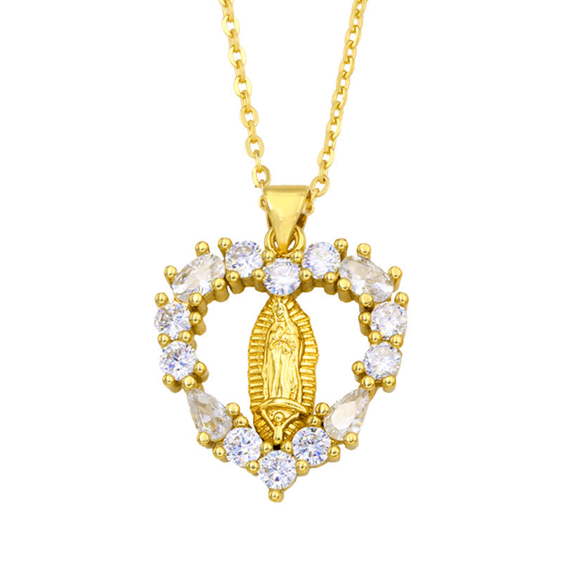 Micro-inlaid Zircon Virgin Mary Heart Pendant Copper Necklace
