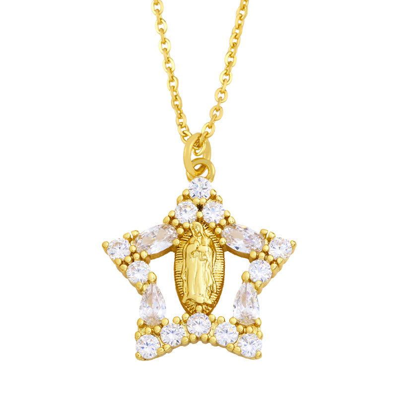 Micro-inlaid Zircon Virgin Mary Heart Pendant Copper Necklace