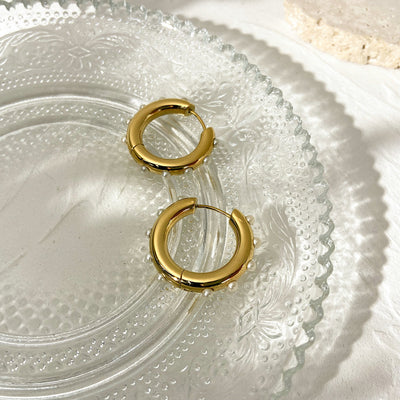 18K Gold Mini Pearl Hoop Earrings for Women - Elegant Round Design for Parties and Weddings