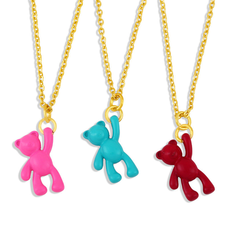 Simple Solid Color Bear Pendant Copper Necklace with Colorful Enamel Chain
