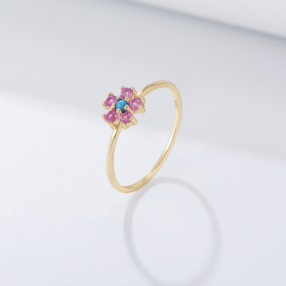 Sterling Silver Turquoise Flower Minimalist Ring for Women