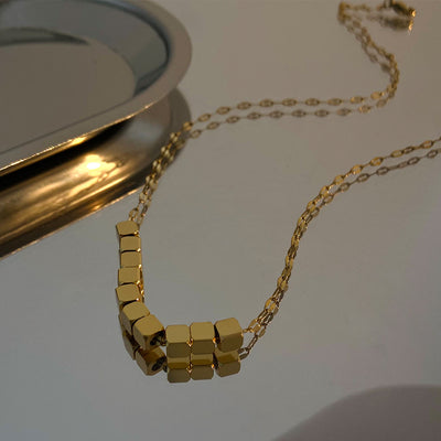 Geometric Stainless Steel 14K Gold Plated Cube Bead Necklace