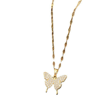 Sweet Butterfly Titanium Steel Rhinestone Pendant Necklace for Women