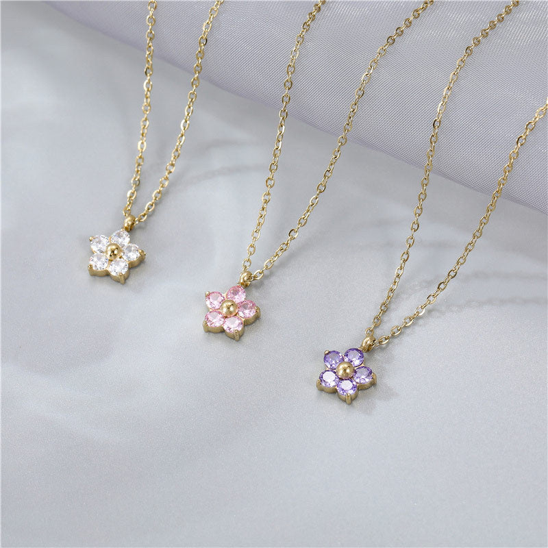 Elegant Floral Stainless Steel Crystal Pendant Necklace