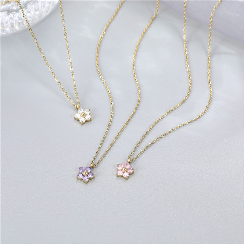 Elegant Floral Stainless Steel Crystal Pendant Necklace