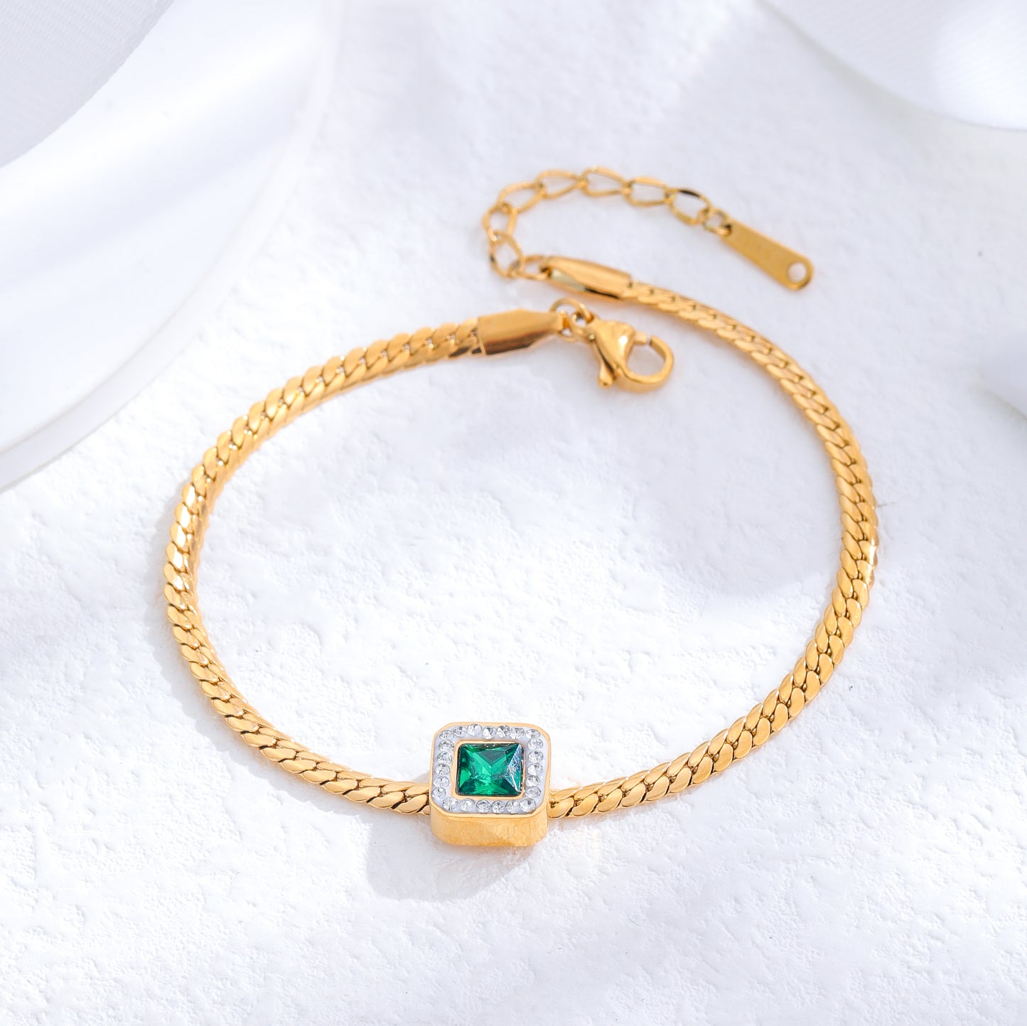 Vintage Rectangle Titanium Steel 24K Gold Plated Emerald Zircon Bracelet