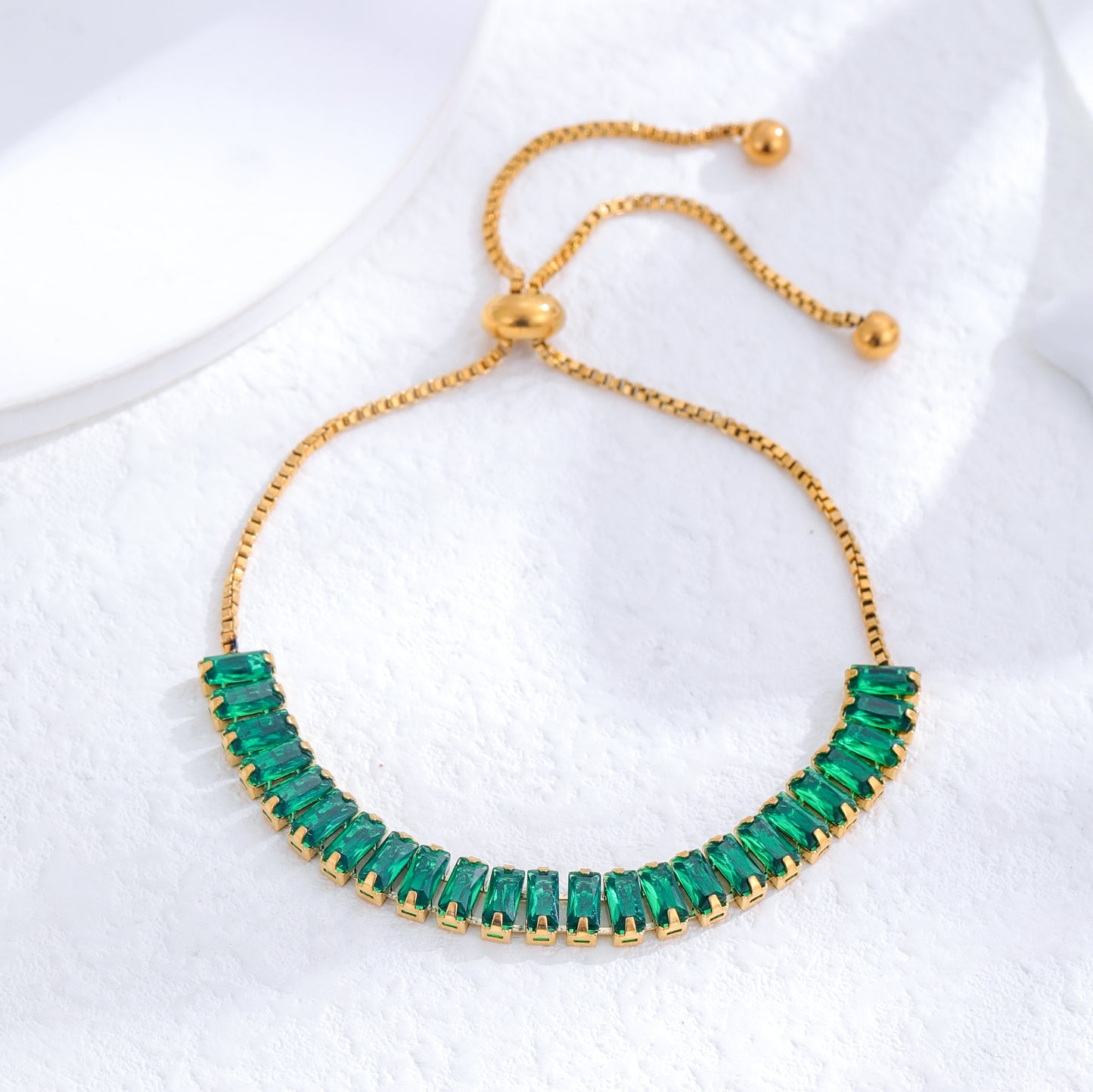 Vintage Rectangle Titanium Steel 24K Gold Plated Emerald Zircon Bracelet