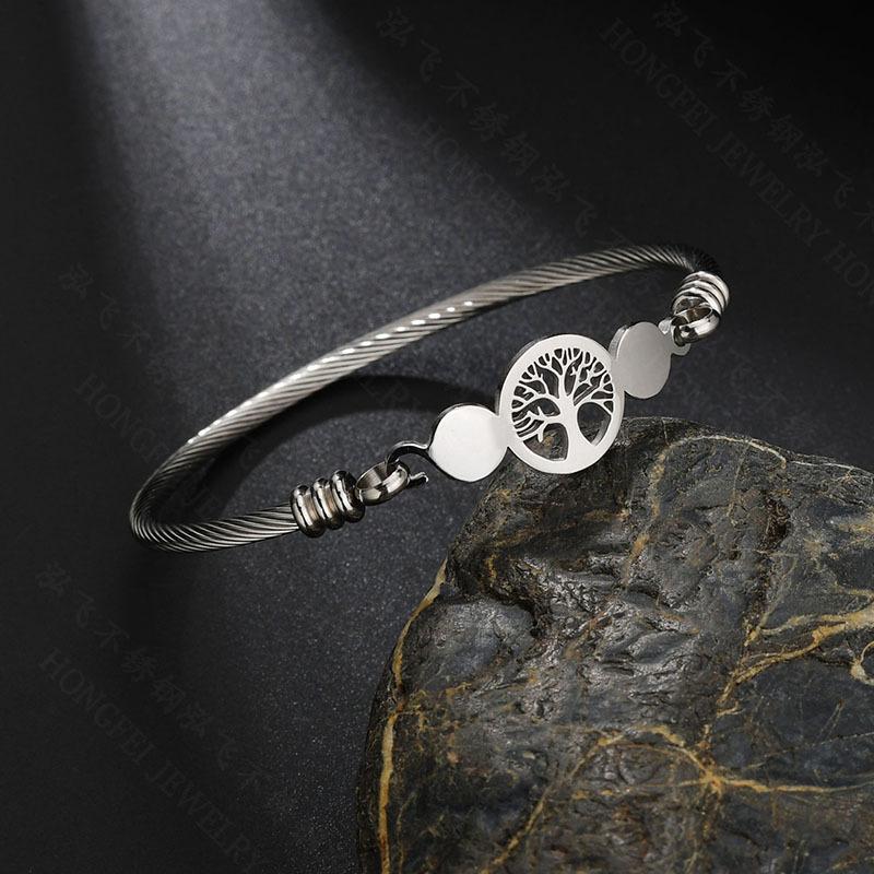 Stainless Steel Hollowed Life Tree Open Cuff Bracelet & Braided Bangle Set