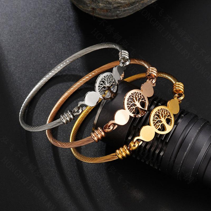 Stainless Steel Hollowed Life Tree Open Cuff Bracelet & Braided Bangle Set