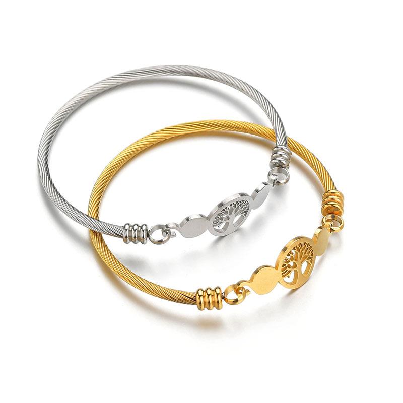 Stainless Steel Hollowed Life Tree Open Cuff Bracelet & Braided Bangle Set