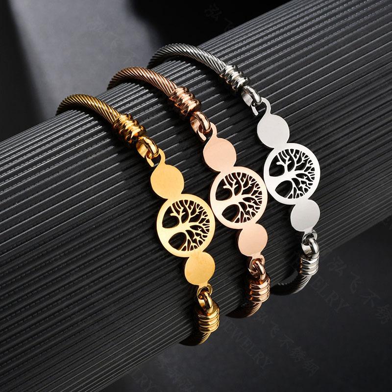 Stainless Steel Hollowed Life Tree Open Cuff Bracelet & Braided Bangle Set