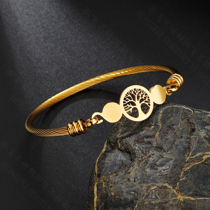 Stainless Steel Hollowed Life Tree Open Cuff Bracelet & Braided Bangle Set