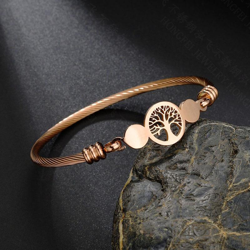 Stainless Steel Hollowed Life Tree Open Cuff Bracelet & Braided Bangle Set