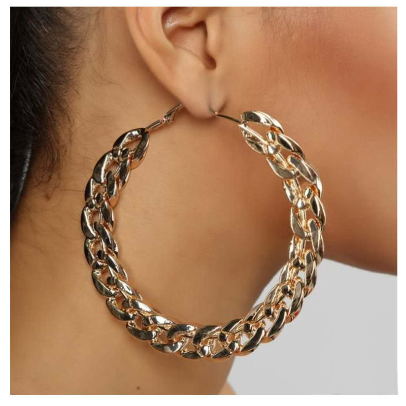 Women's Retro Geometric Round Metal Chain Hoop Earrings