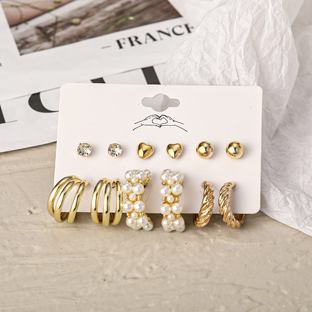 Women's Geometric Heart & Pearl Hoop Earrings Set with Rhinestones