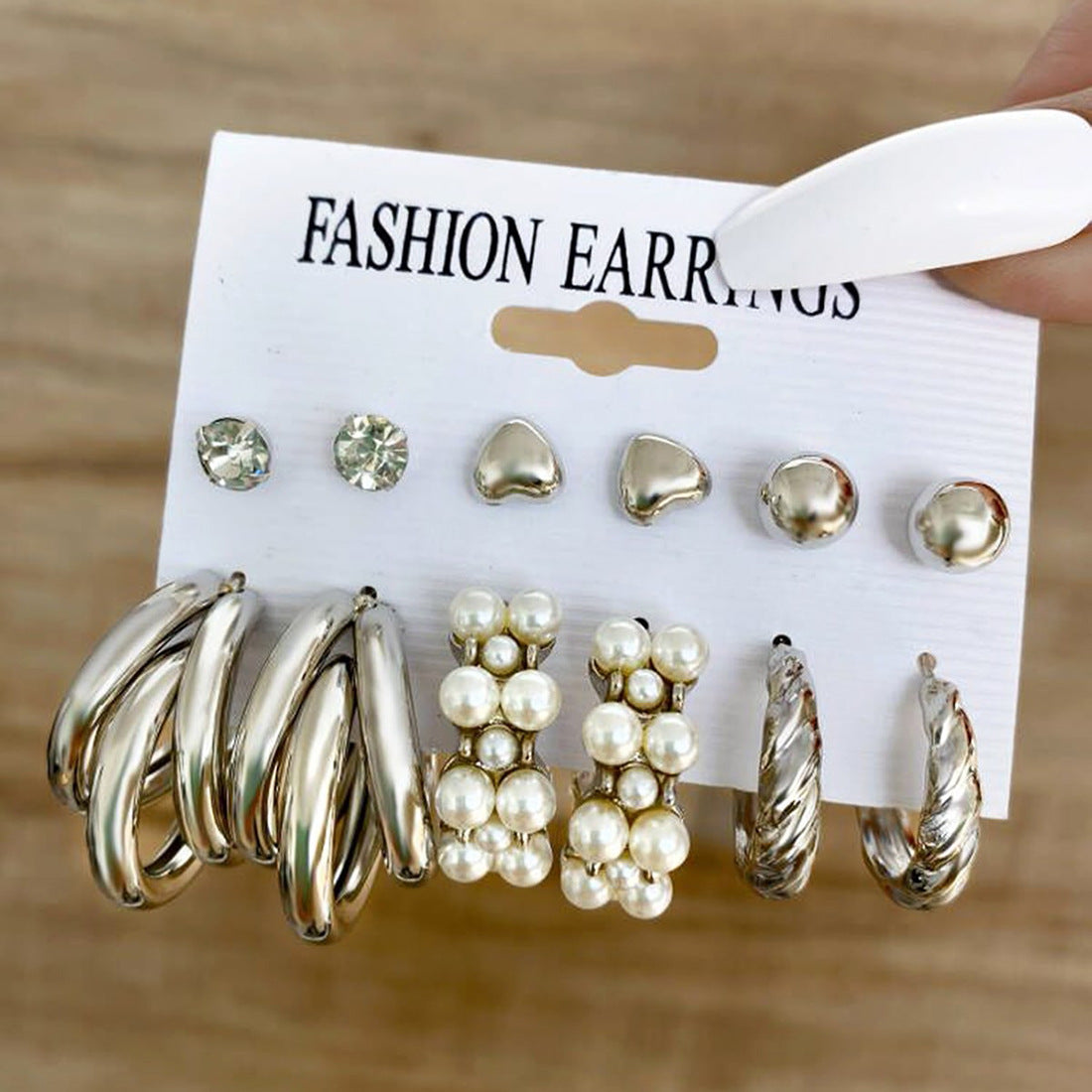 Women's Geometric Heart & Pearl Hoop Earrings Set with Rhinestones