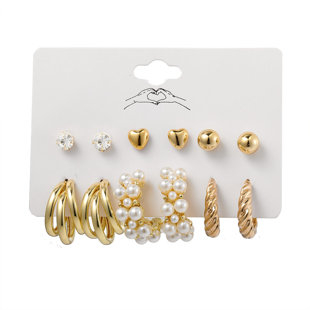 Women's Geometric Heart & Pearl Hoop Earrings Set with Rhinestones