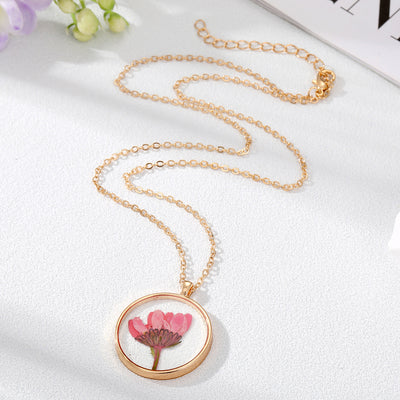 Women's Floral Alloy Necklace with Real Flower Pendant