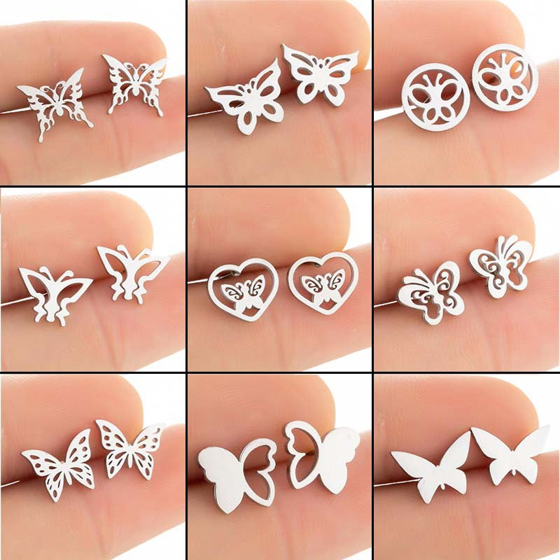 Women's Minimalist Butterfly Stainless Steel Hollow Earrings and Necklace Set