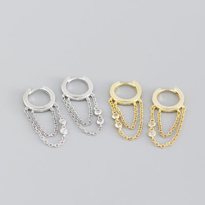 S925 Sterling Silver Geometric Tassel Double Line Ear Cuff Earrings