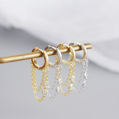 S925 Sterling Silver Geometric Tassel Double Line Ear Cuff Earrings