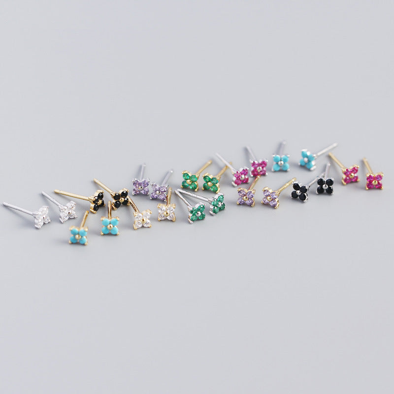 S925 Sterling Silver Colorful Four-Leaf Flower Stud Earrings for Women