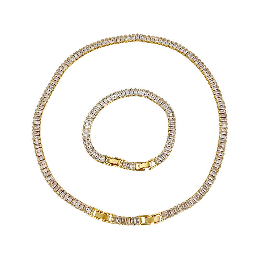 18K Gold Plated Zircon Tennis Chain Necklace and Bracelet Set