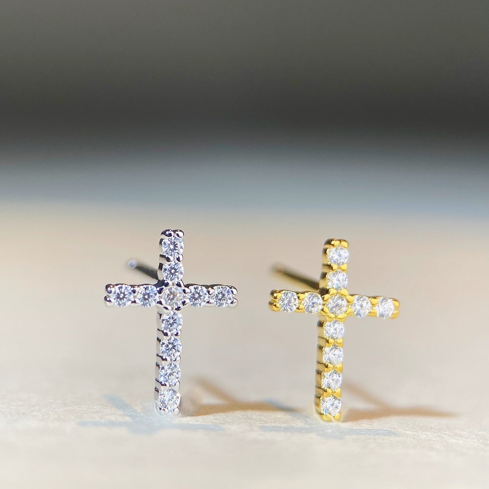 1 Pair Basic Cross Inlay Sterling Silver Moissanite Ear Studs