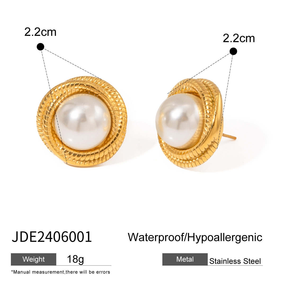 1 Pair Modern 18k Gold Plated Stainless Steel Pearl Stud Earrings