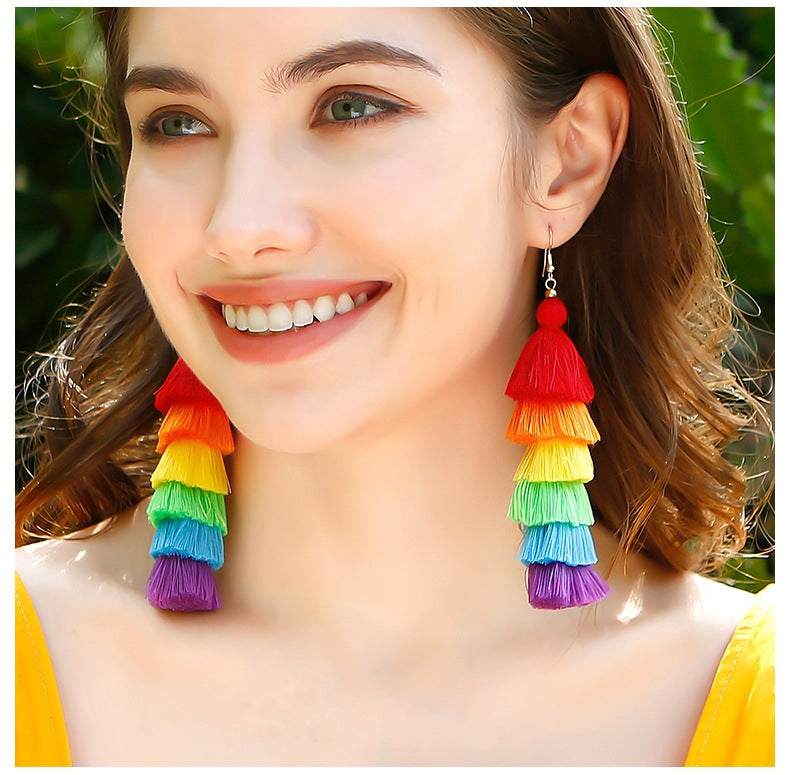 Bohemian Rainbow Tassel Drop Earrings - Vintage Long Handmade Statement Jewelry