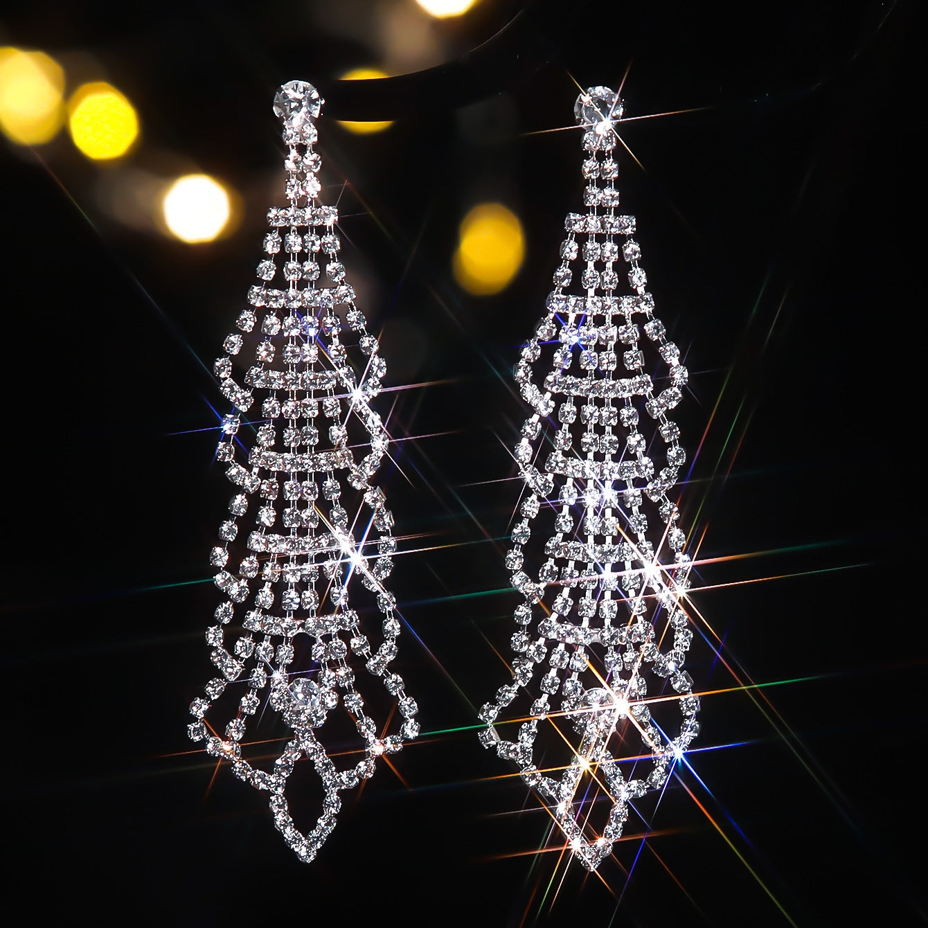 Bridal Geometric Rhinestone Floral Drop Earrings