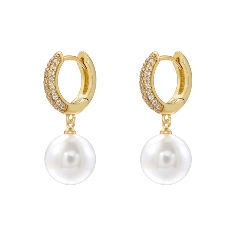 1 Pair Elegant Round Inlay Copper Pearl Zircon 18K Gold Plated Drop Earrings