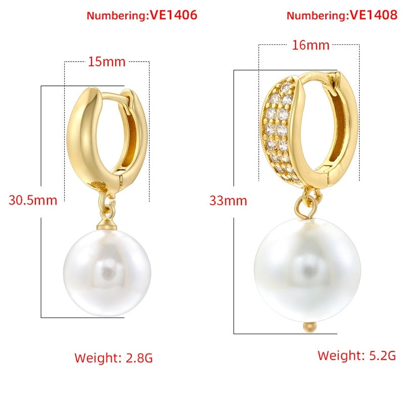 1 Pair Elegant Round Inlay Copper Pearl Zircon 18K Gold Plated Drop Earrings