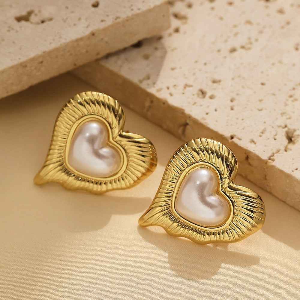 1 Pair Casual Glam Heart Flower Inlay Titanium Steel Pearl Earrings