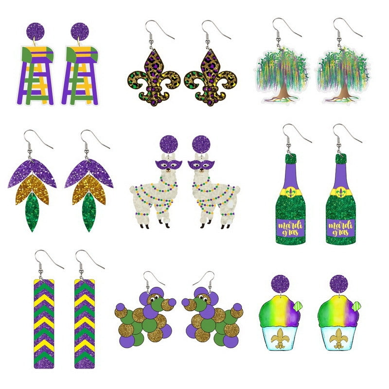 1 Pair Casual IG Style Animal Tree Wine Glass Acrylic Drop Earrings, Mardi Gras Carnival Tricolor Alpaca Champagne Bottle Ice Cream Tree Stud Earrings