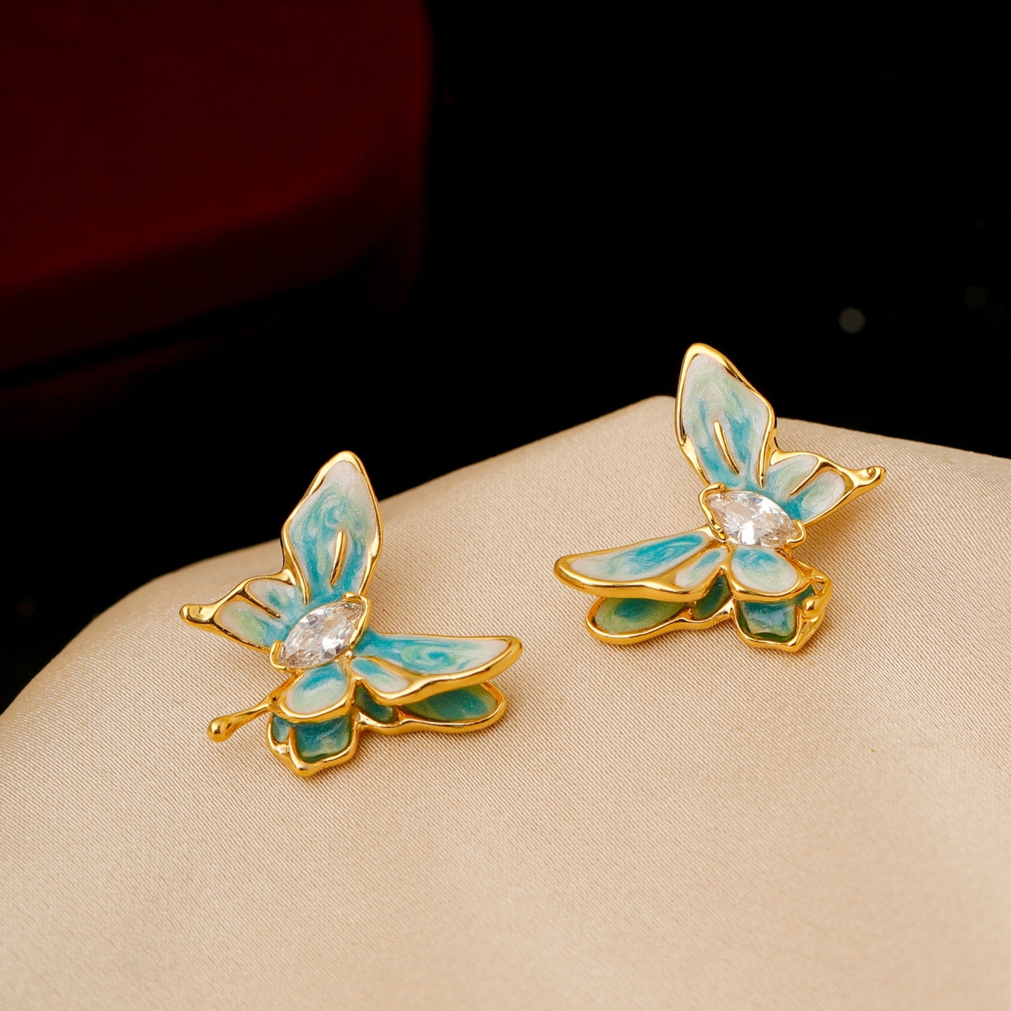 1 Pair Retro Butterfly Enamel Zircon 18K Gold Plated Earrings with 925 Silver Post