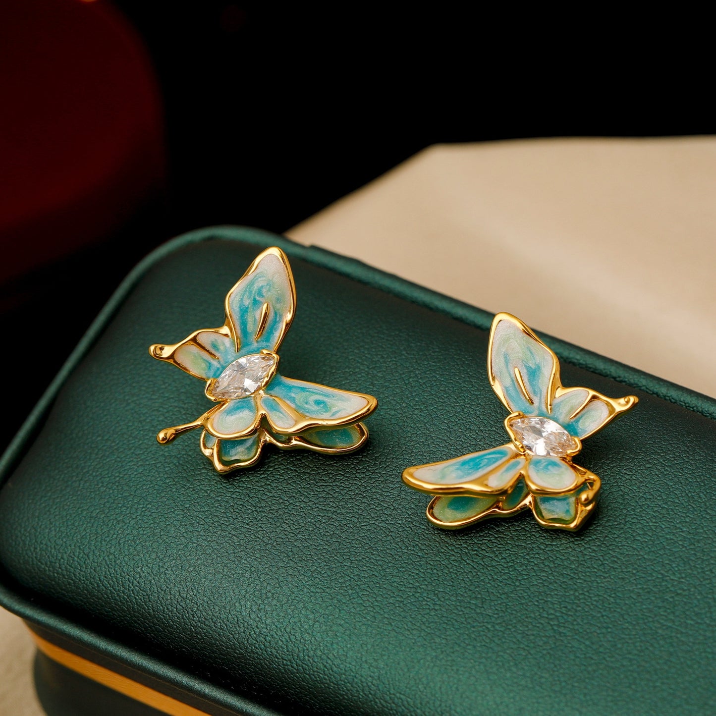 1 Pair Retro Butterfly Enamel Zircon 18K Gold Plated Earrings with 925 Silver Post