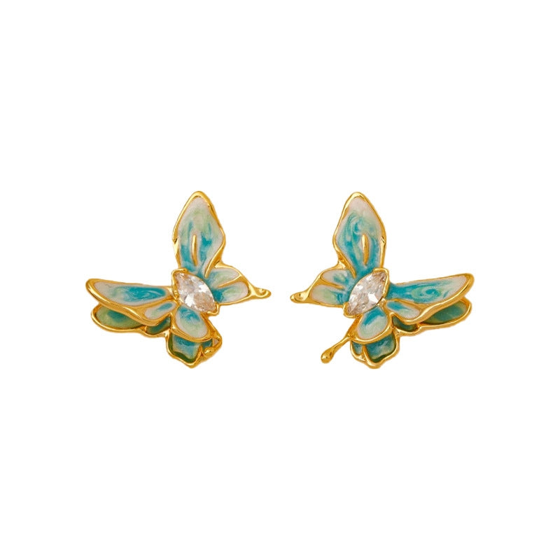 1 Pair Retro Butterfly Enamel Zircon 18K Gold Plated Earrings with 925 Silver Post