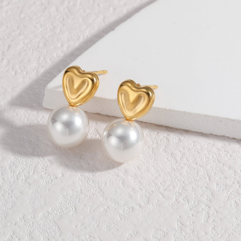 1 Pair Minimalist Heart Shape 18K Gold Plated Stainless Steel and Baroque Pearl Stud Earrings