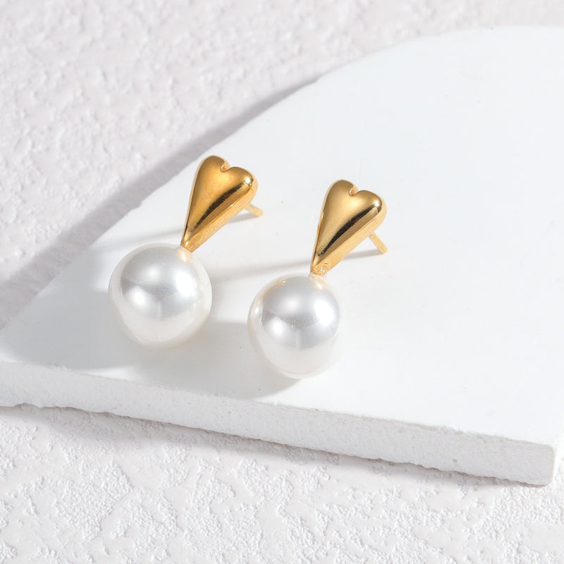 1 Pair Minimalist Heart Shape 18K Gold Plated Stainless Steel and Baroque Pearl Stud Earrings