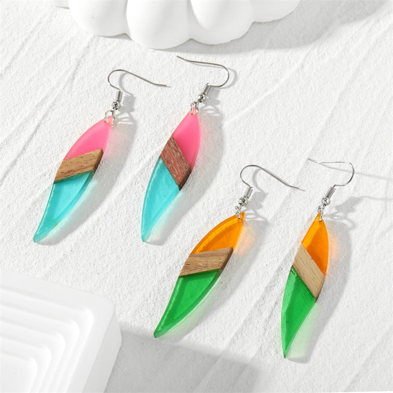 1 Pair Color Block Wood Leaf Drop Earrings